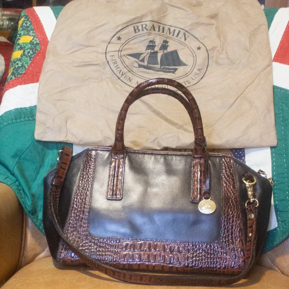 Brahmin Black and Croc Embossed Satchel Shoulder Bag Preowned